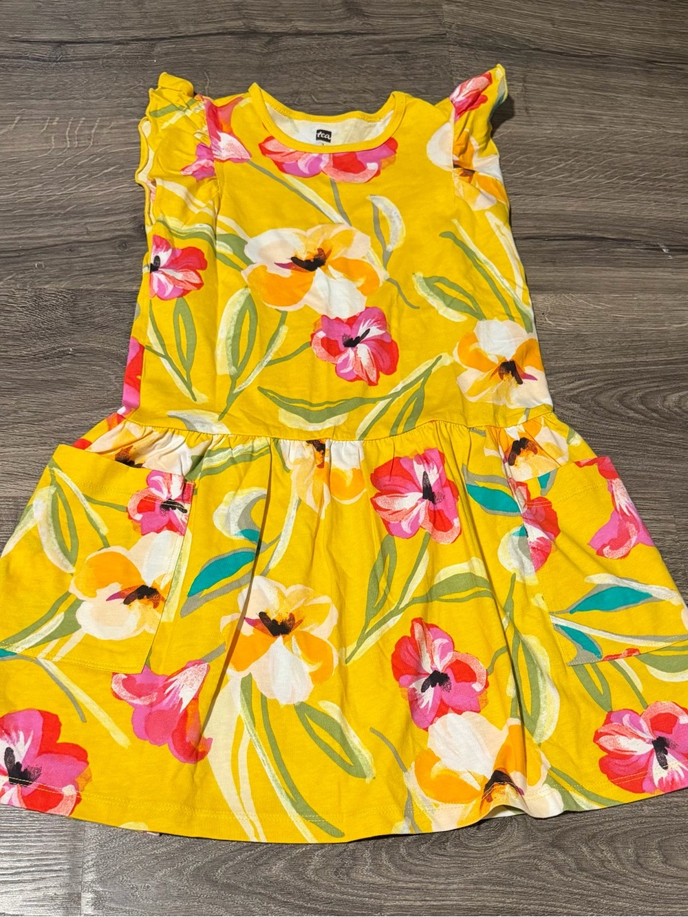 Tea Collection Yellow Floral Flutter Sleeve Cotton Dress Girls 7
